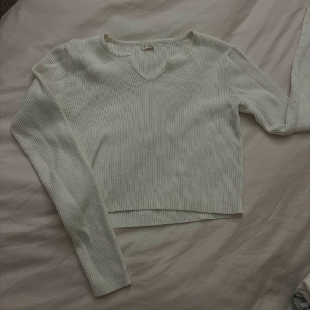 John Galt White Notched V Neck Sweater